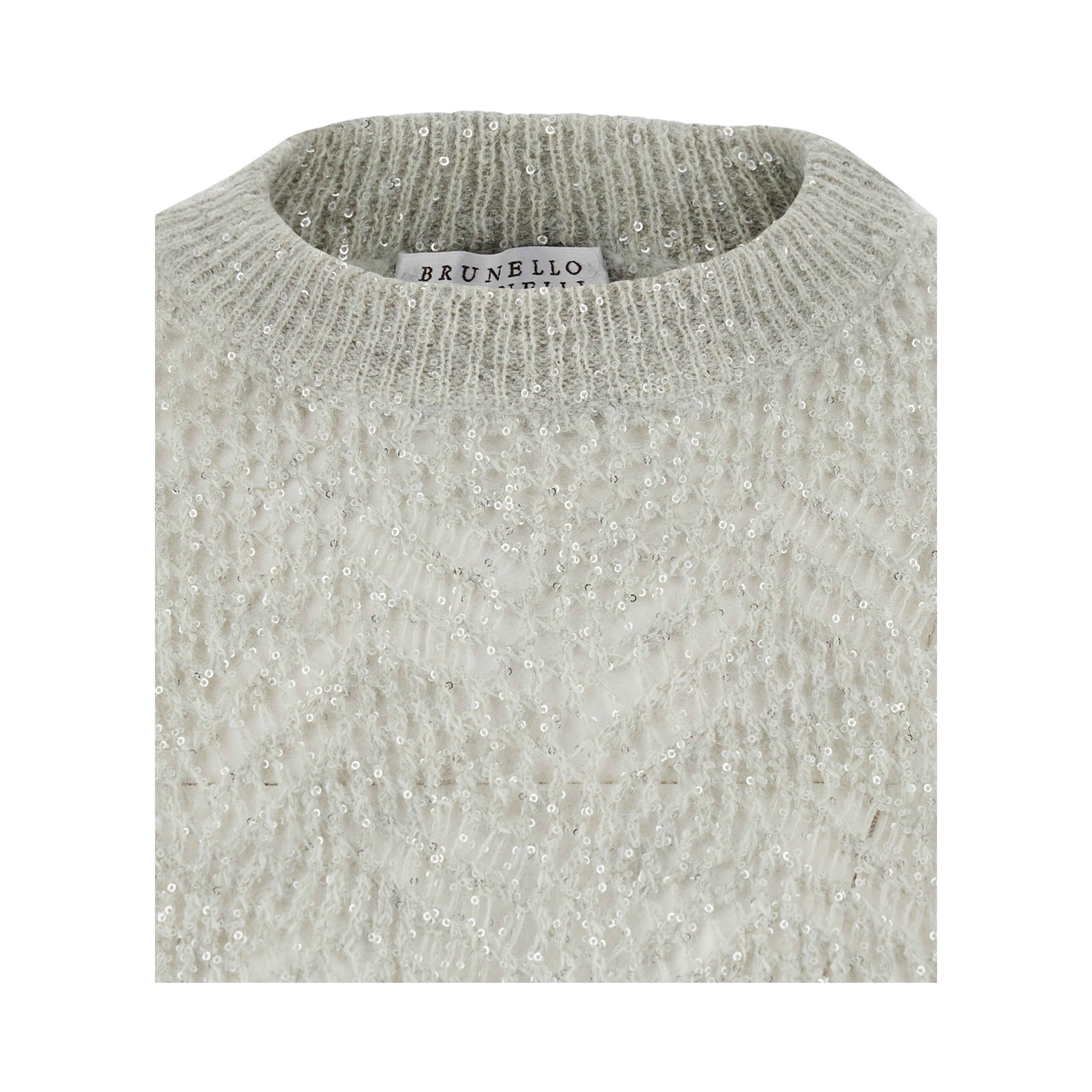 Gray Crewneck sweater with sequin decoration and ribbed finishes in blend wool for women