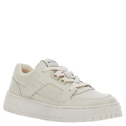 Beige Low Top Sneakers with Logo Patch on the Tongue in Leather Boy