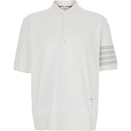 White Polo with Classic Collar and 4-Bar Detail on Sleeve in Cotton for Men