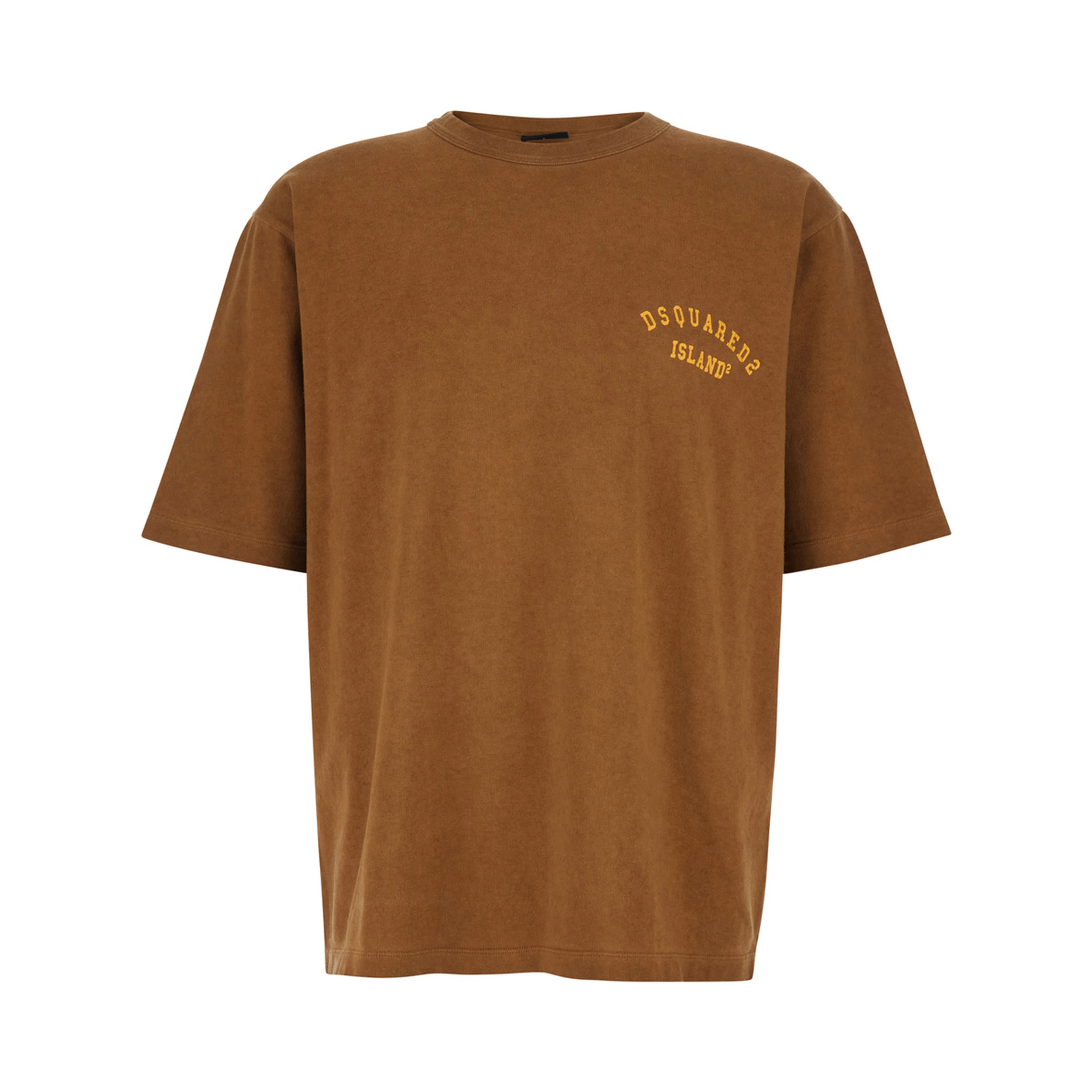 Brown Crew Neck T-shirt with Logo Print on the Front in Cotton for Men