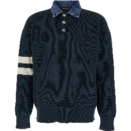 Blue Sweater with Denim Collar and Logo Embroidery on Front in Cotton Blend for Men