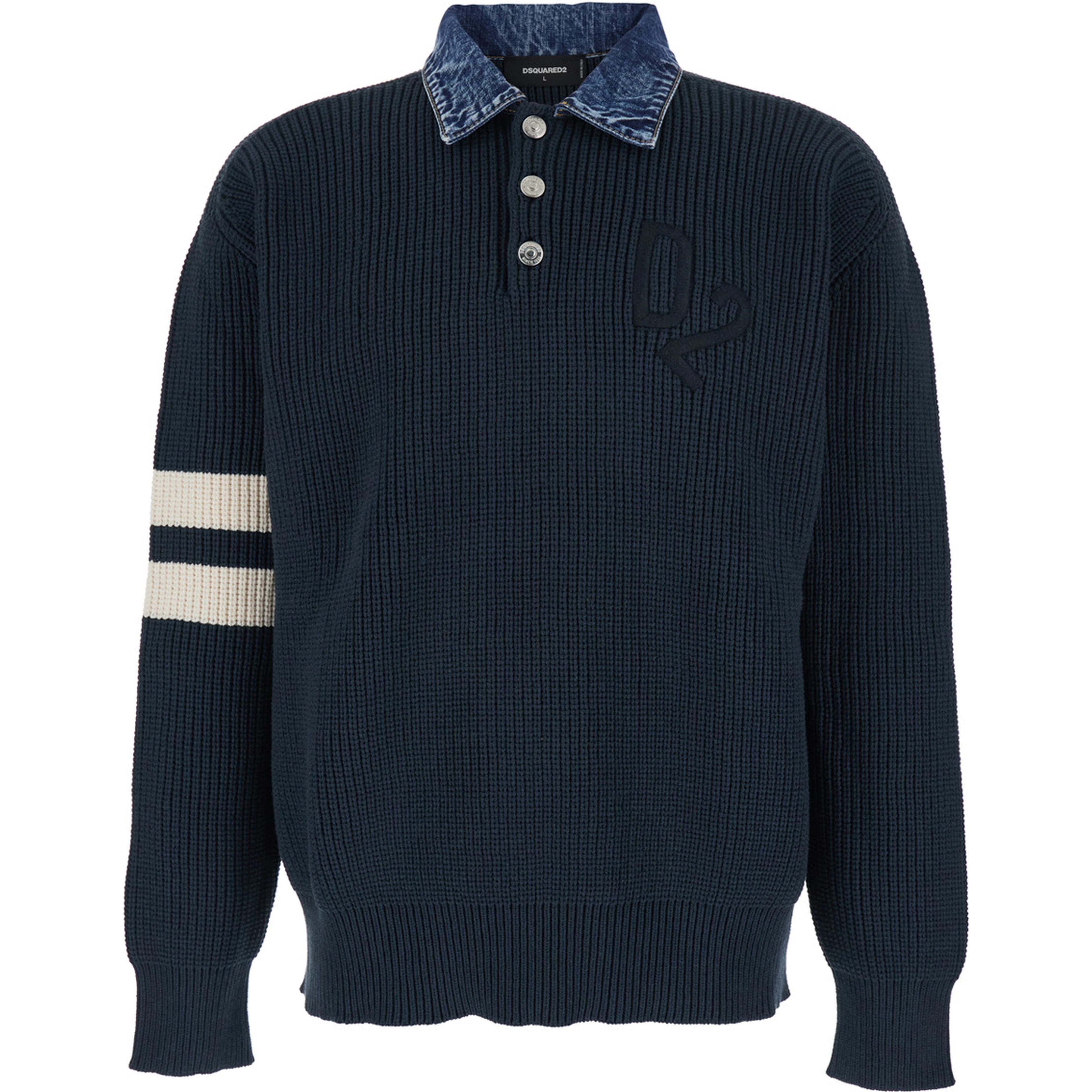 Blue Sweater with Denim Collar and Logo Embroidery on Front in Cotton Blend for Men