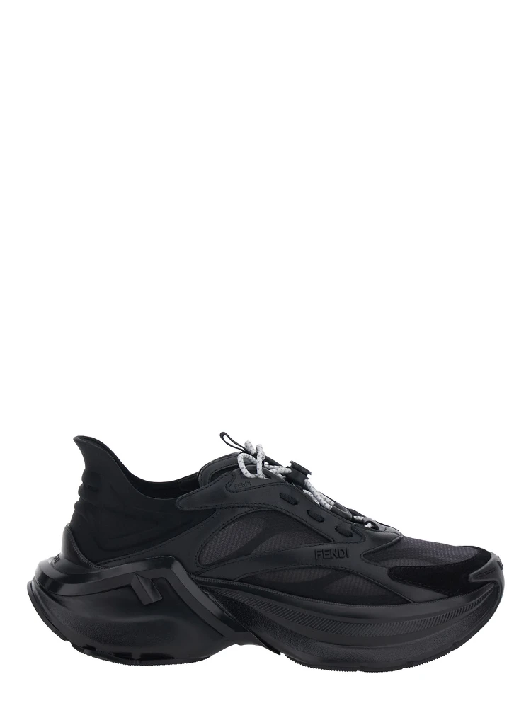 Black Sneaker F-Light Low Top with FF Motif on the Side and Chunky Sole in Mesh and Leather for Women