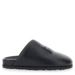 Black Mules with Asymmetrical Design and Padded Leather Logo Women
