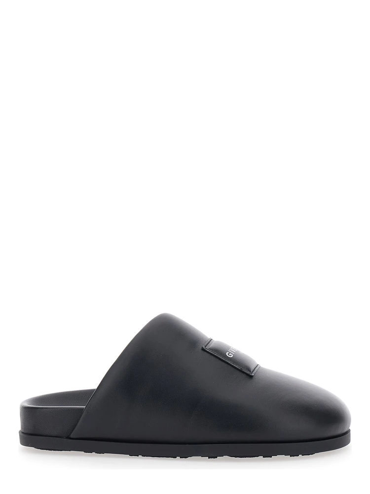 Black Mules with Asymmetrical Design and Padded Leather Logo Women
