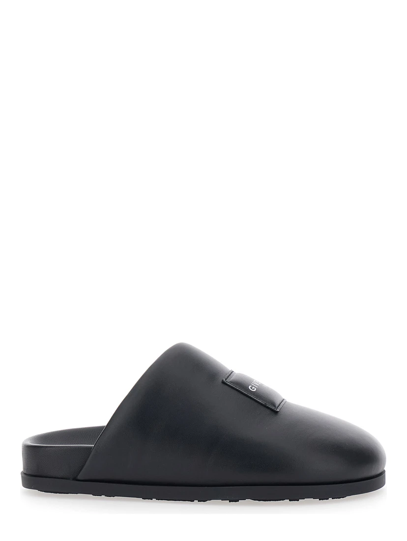 Black Mules with Asymmetrical Design and Padded Leather Logo Women