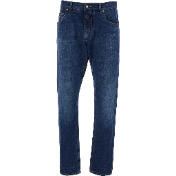 Blue Jeans with Belt Loops and Logo Patch on the Back for Men