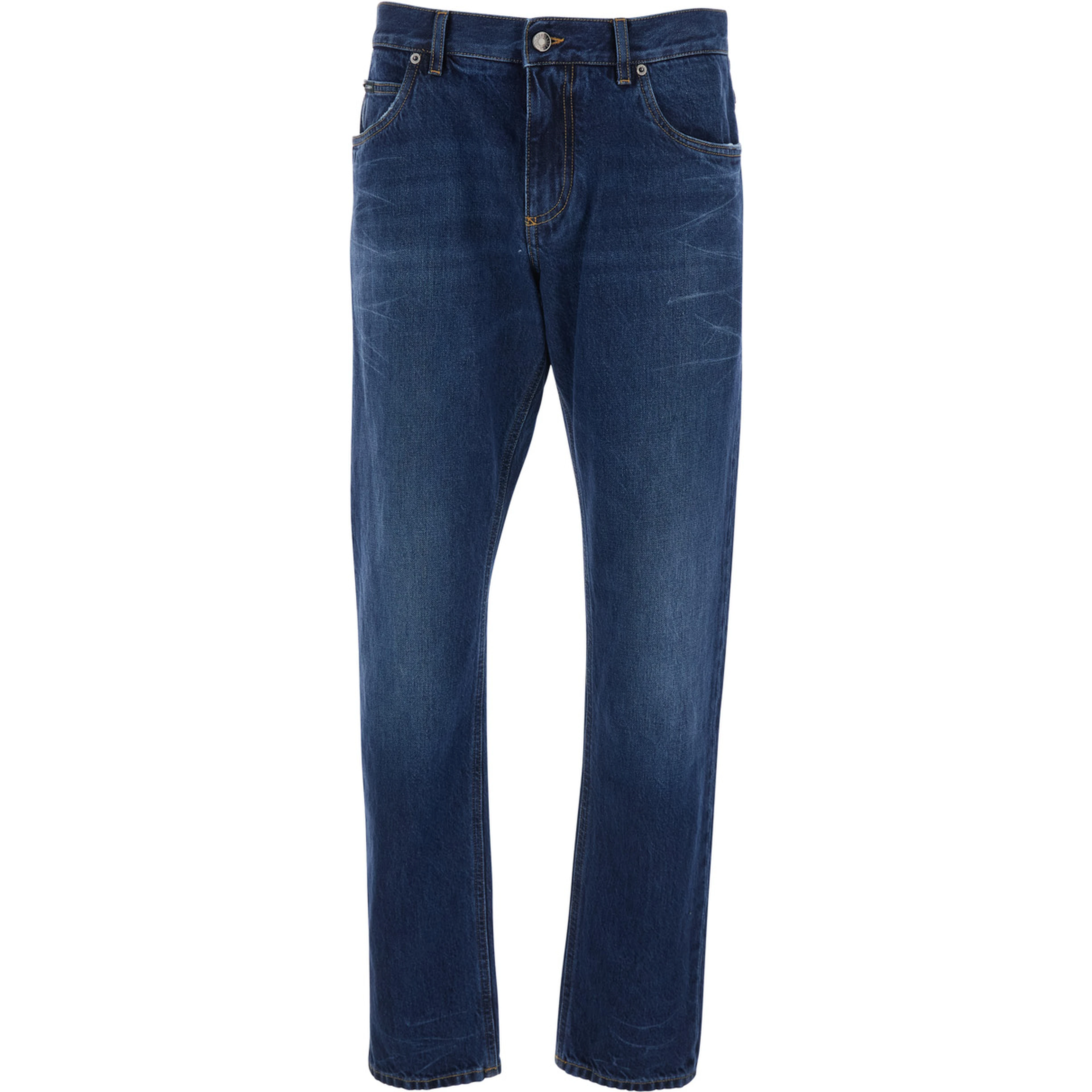 Blue Jeans with Belt Loops and Logo Patch on the Back for Men