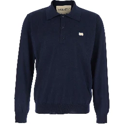 Blue Polo Style Sweater with VLogo Plaque on the Front in Wool for Men