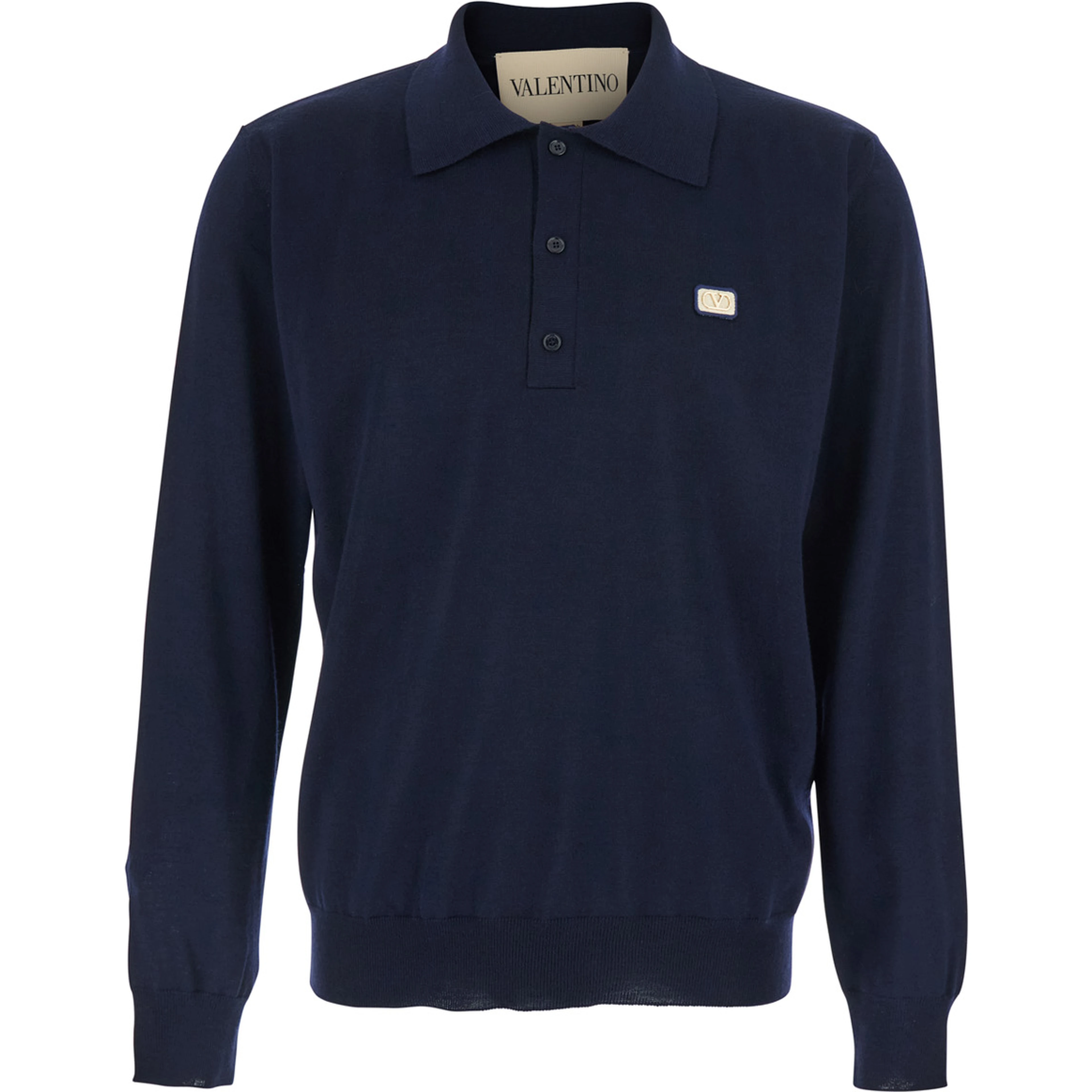 Blue Polo Style Sweater with VLogo Plaque on the Front in Wool for Men