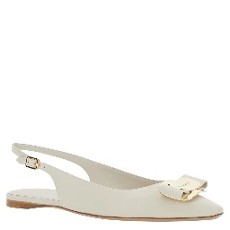 White Zelmi Slingback Ballet Shoes with Logo Plate on the Front In Leather for Women