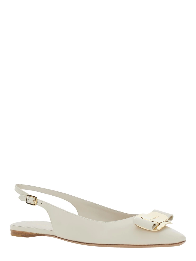 White Zelmi Slingback Ballet Shoes with Logo Plate on the Front In Leather for Women