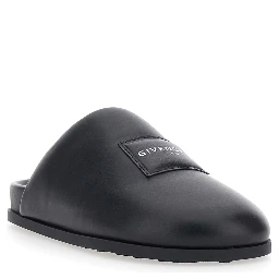 Black Mules with Asymmetrical Design and Padded Leather Logo Women