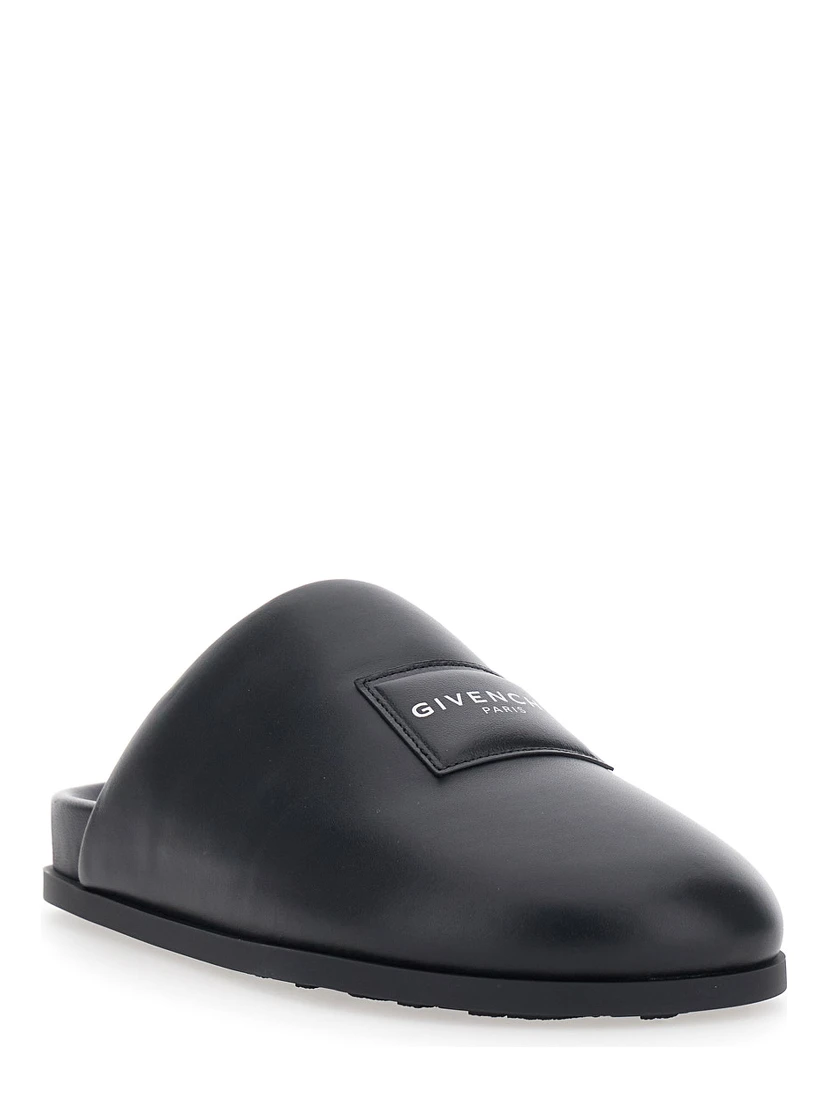 Black Mules with Asymmetrical Design and Padded Leather Logo Women