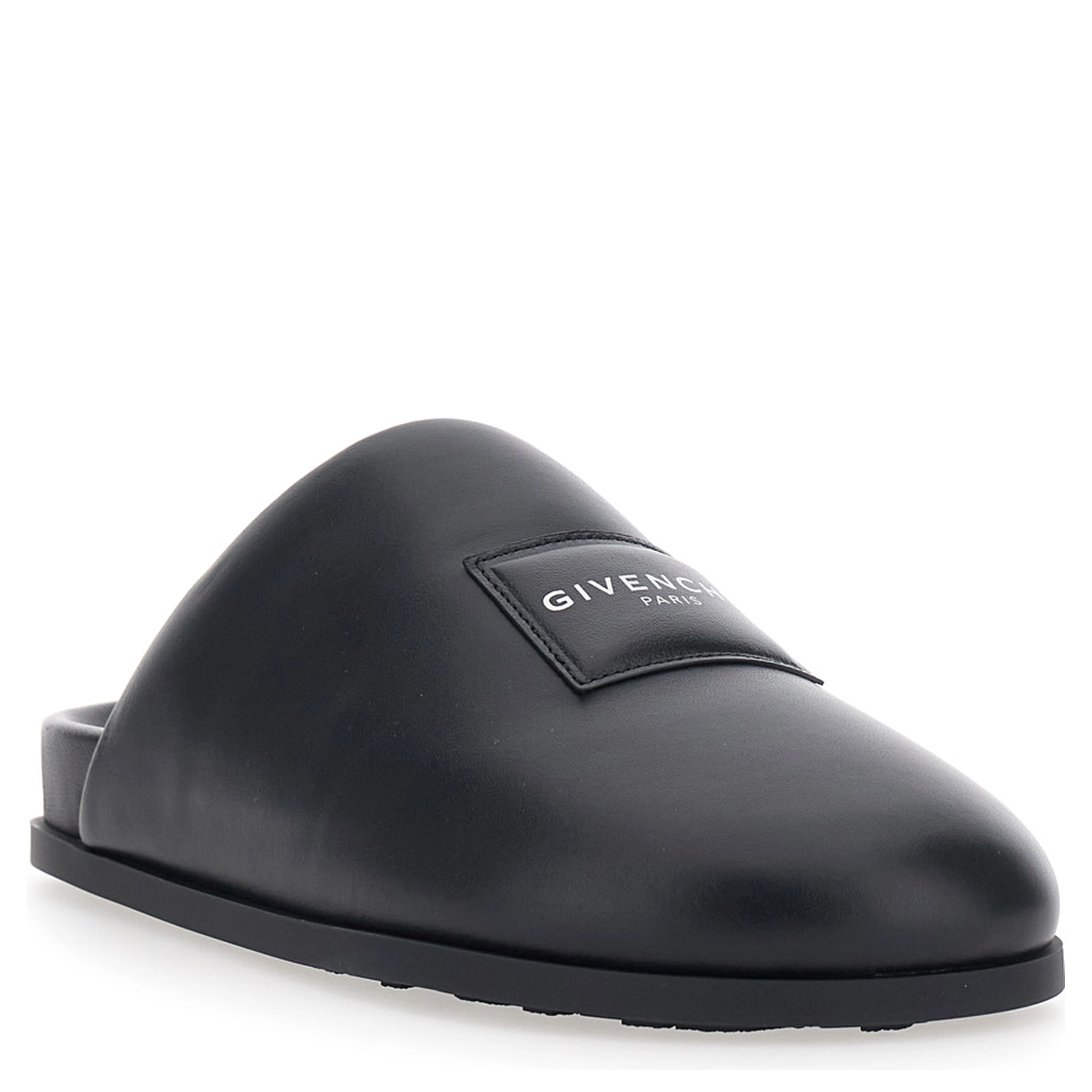 Black Mules with Asymmetrical Design and Padded Leather Logo Women