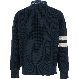 Blue Sweater with Denim Collar and Logo Embroidery on Front in Cotton Blend for Men