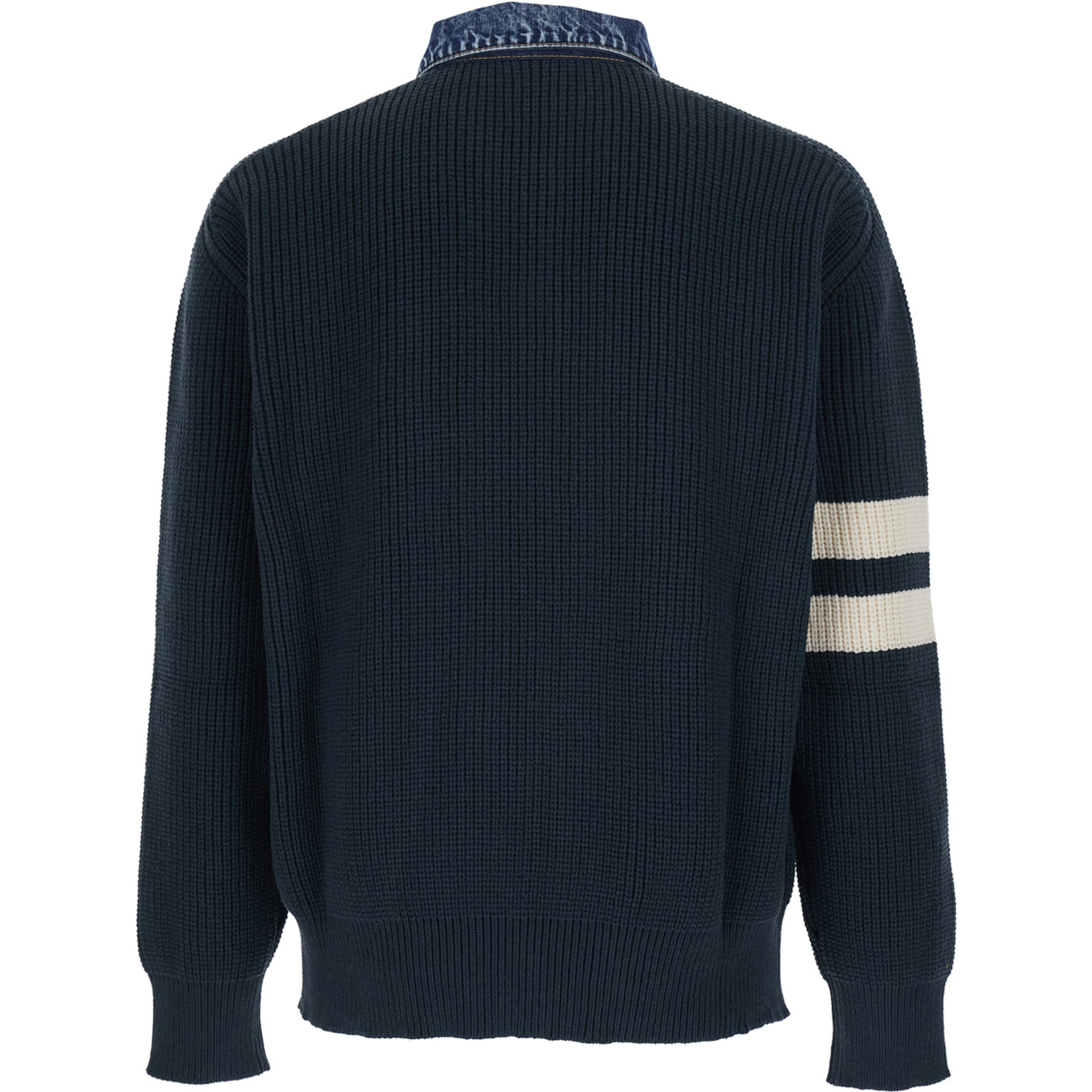 Blue Sweater with Denim Collar and Logo Embroidery on Front in Cotton Blend for Men