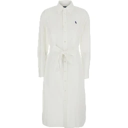 White Dress with Classic Collar and Pony Embroidery on Front in Cotton for Women