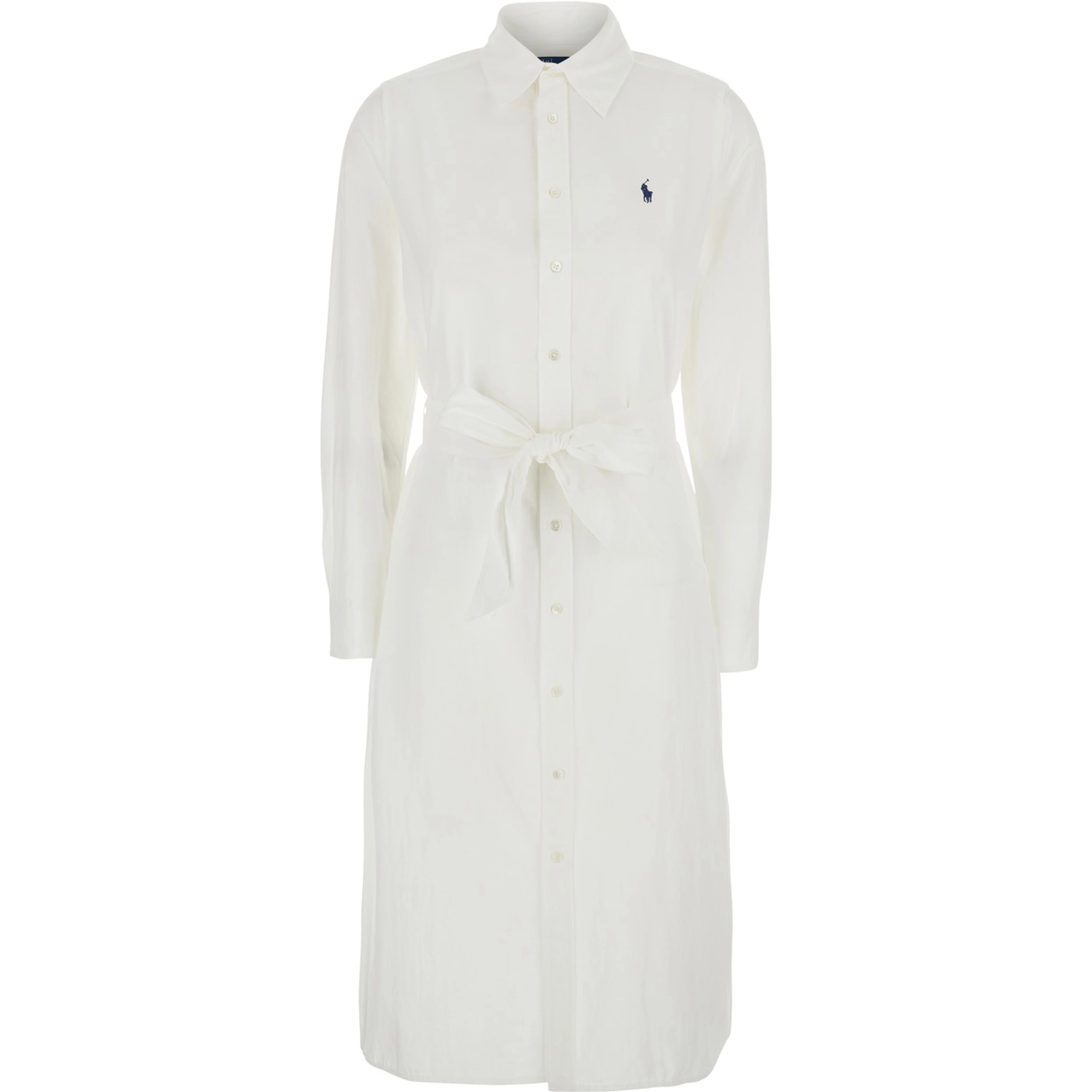 White Dress with Classic Collar and Pony Embroidery on Front in Cotton for Women