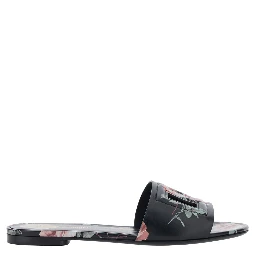 Black Leather Slide Sandals with Cut Out DG Logo and Floral Motif for Women