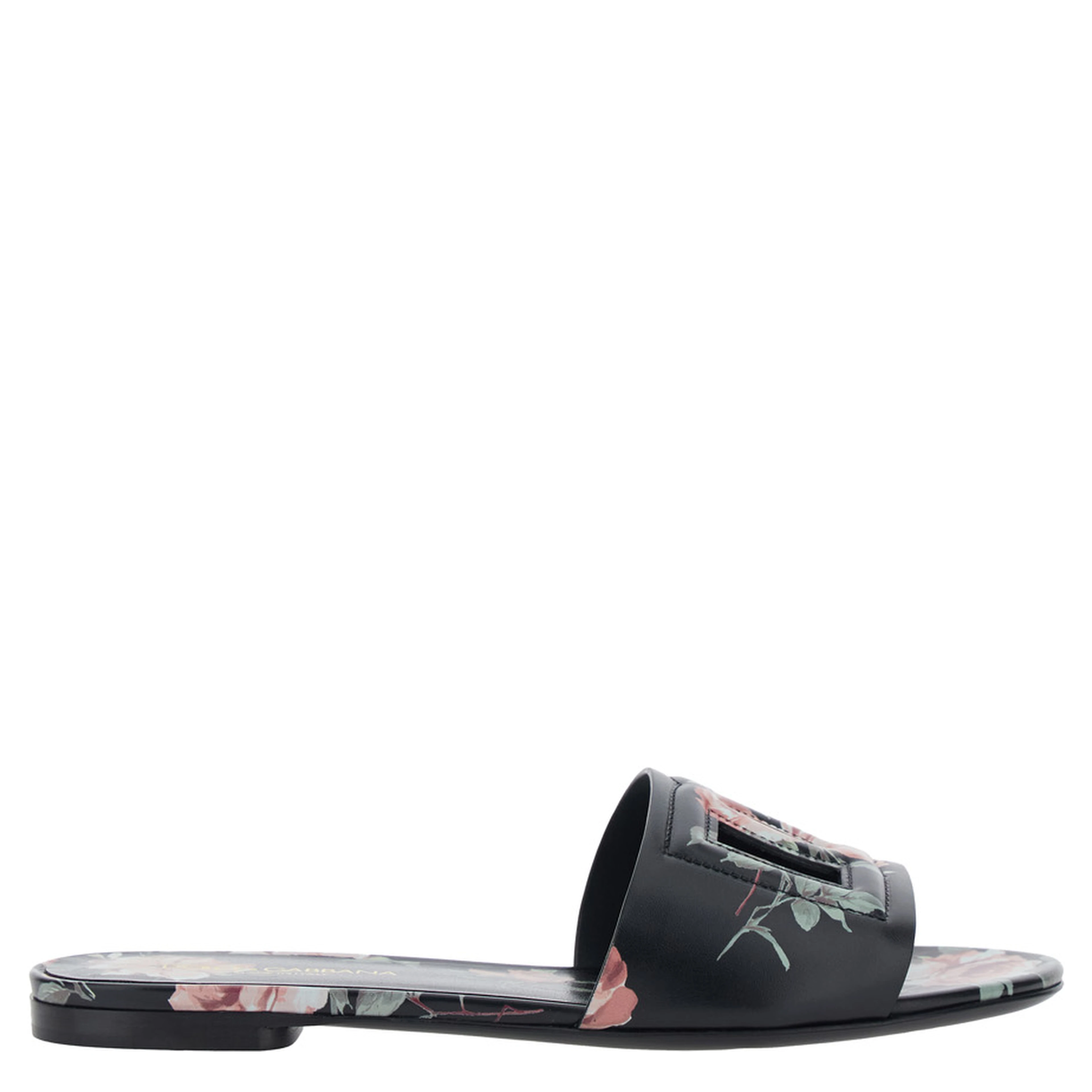 Black Leather Slide Sandals with Cut Out DG Logo and Floral Motif for Women