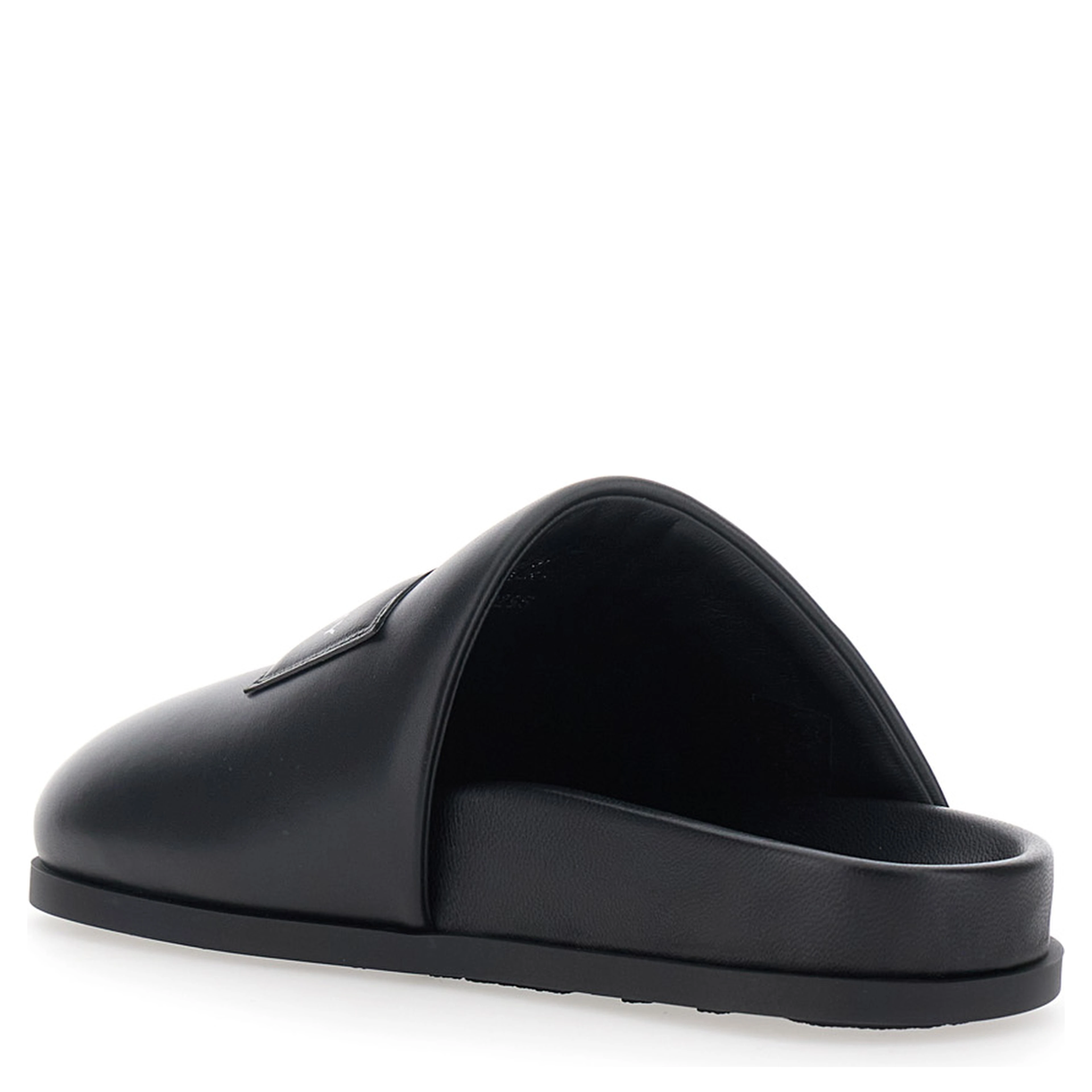 Black Mules with Asymmetrical Design and Padded Leather Logo Women
