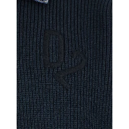 Blue Sweater with Denim Collar and Logo Embroidery on Front in Cotton Blend for Men
