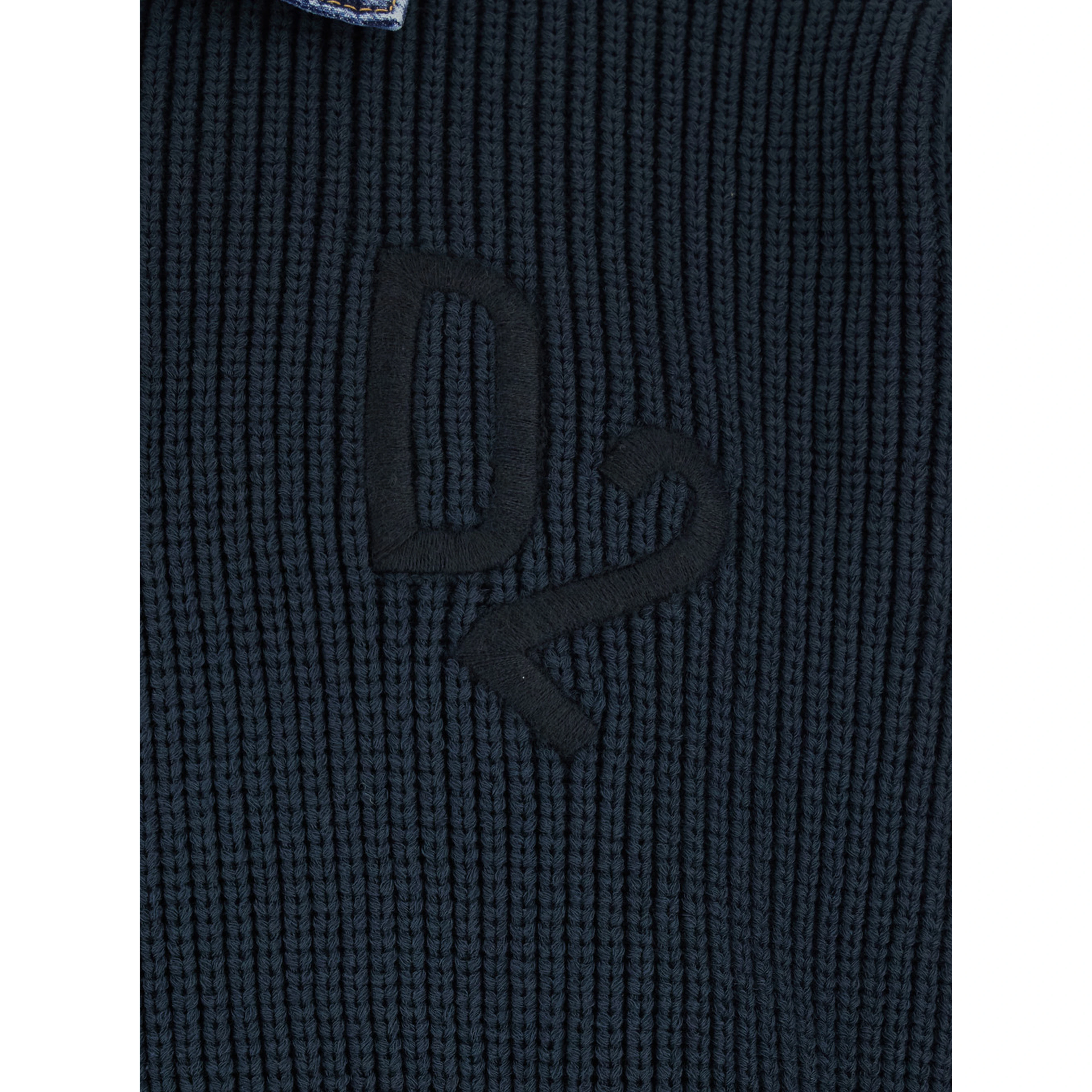 Blue Sweater with Denim Collar and Logo Embroidery on Front in Cotton Blend for Men
