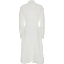 White Dress with Classic Collar and Pony Embroidery on Front in Cotton for Women