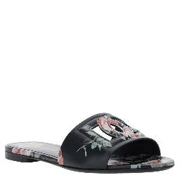 Black Leather Slide Sandals with Cut Out DG Logo and Floral Motif for Women