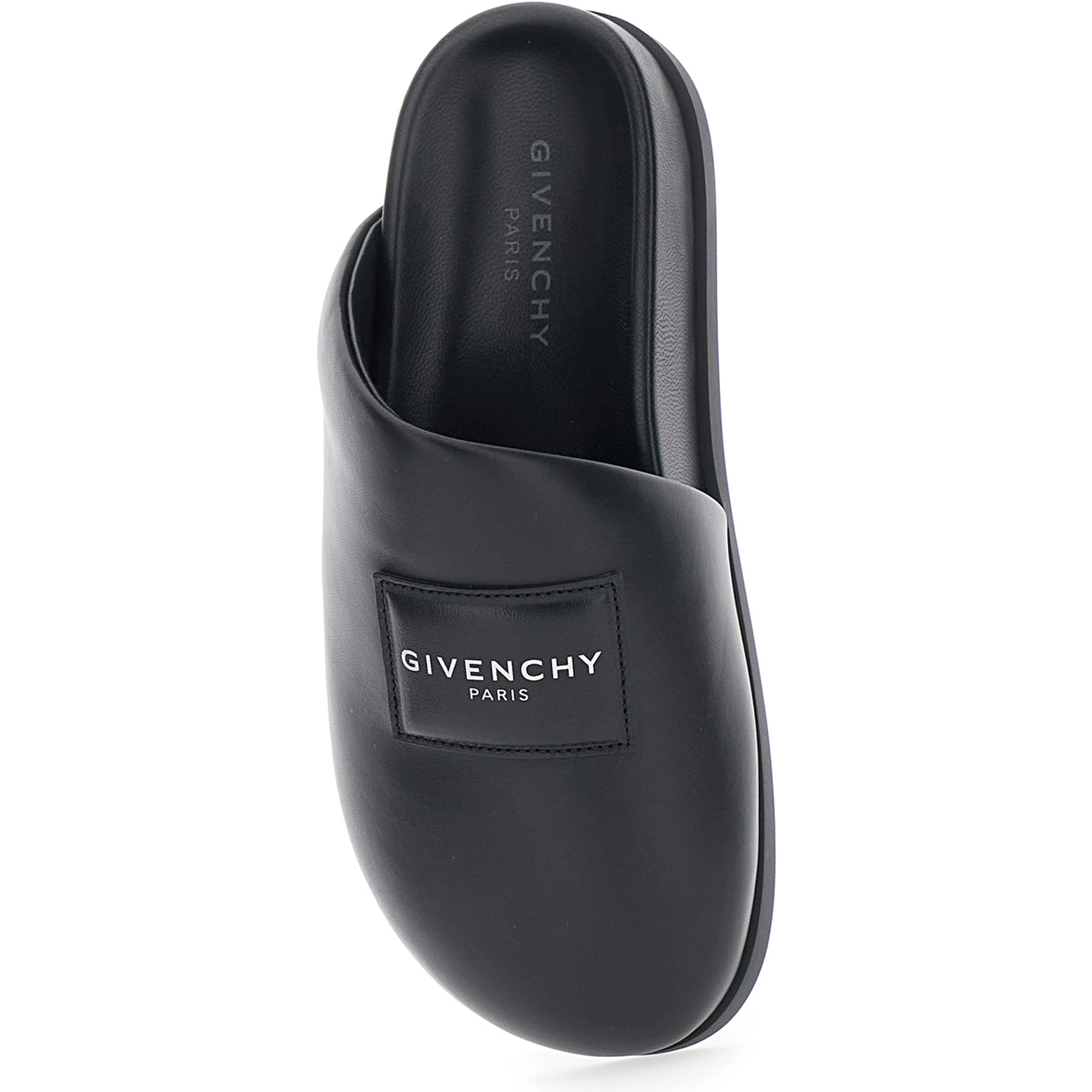 Black Mules with Asymmetrical Design and Padded Leather Logo Women