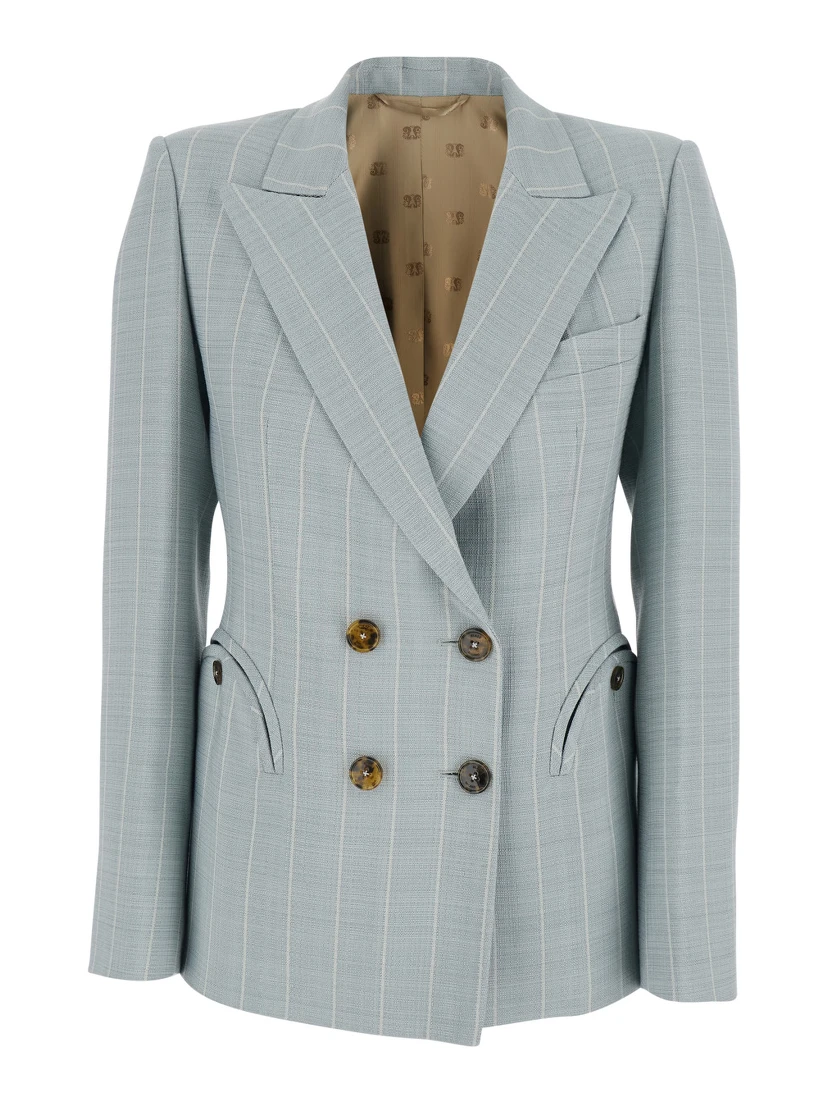 After You Light blue Double-breasted Jacket with Peak revers and Striped Motif in viscose blend for women