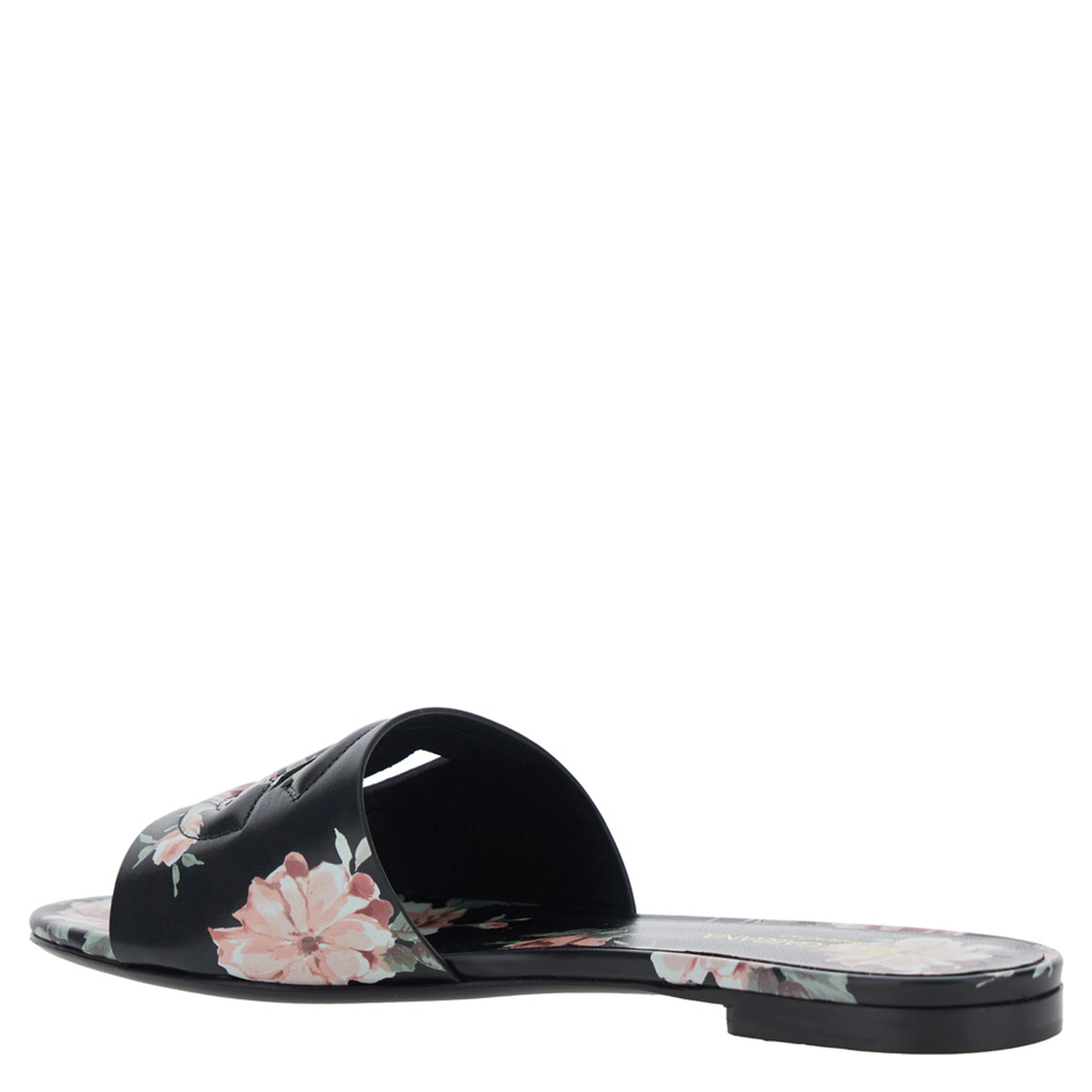 Black Leather Slide Sandals with Cut Out DG Logo and Floral Motif for Women
