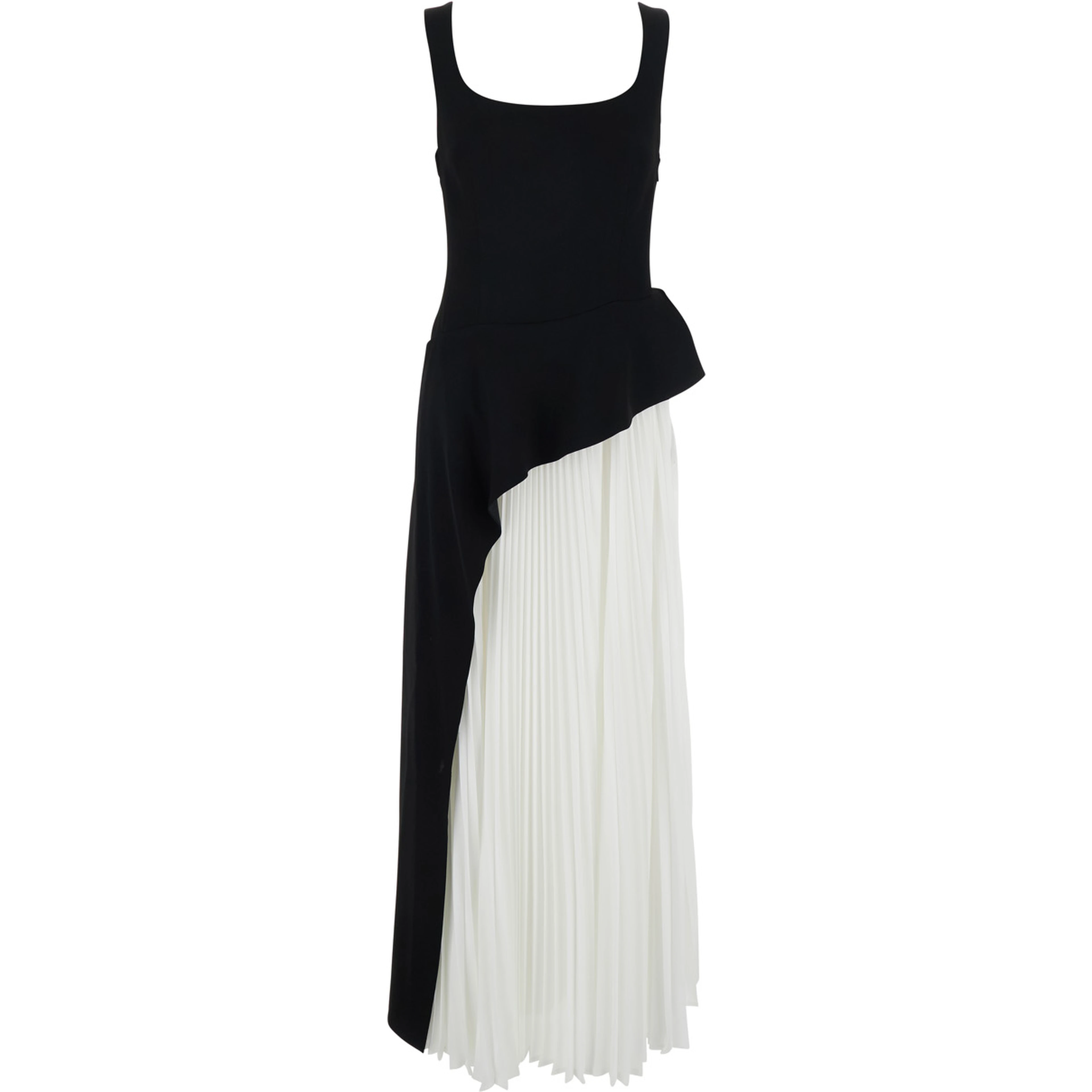 Dress Zayla with Square Neckline and Pleated Skirt in Black and White Tech Fabric for Women