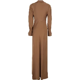 Long Dress Adelle with Draped Neckline and Wide Cuffs Tech Fabric Brown Women