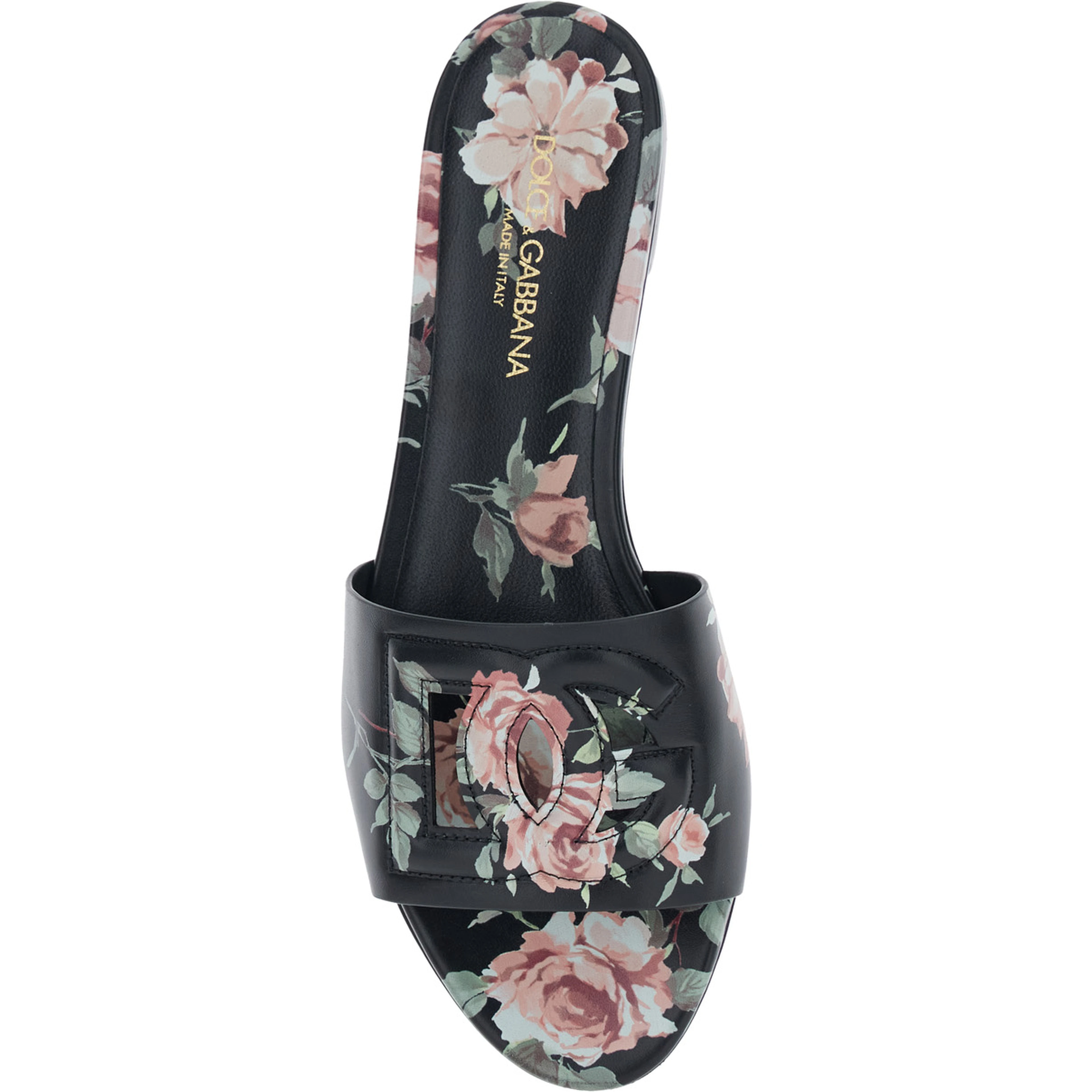 Black Leather Slide Sandals with Cut Out DG Logo and Floral Motif for Women