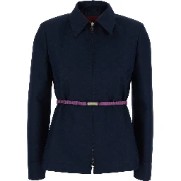 Blue Jacket with Classic Collar and Removable Belt with GG Logo Plate for Women