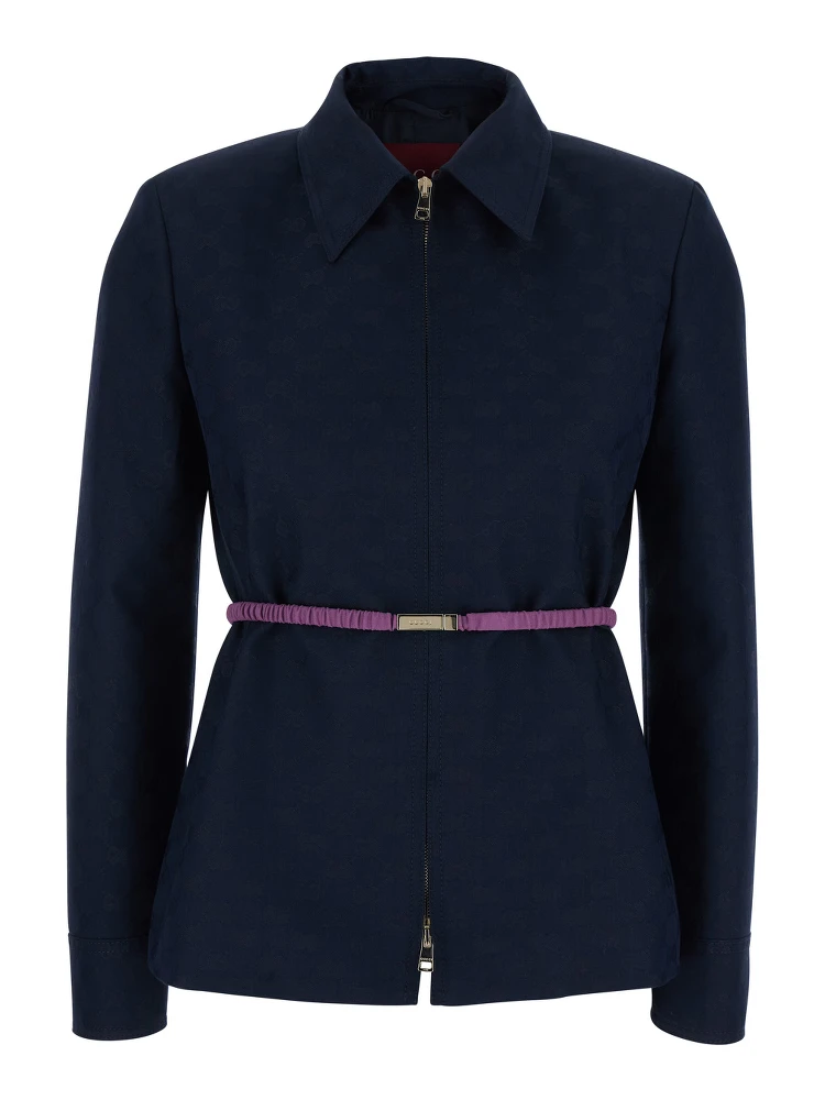 Blue Jacket with Classic Collar and Removable Belt with GG Logo Plate for Women