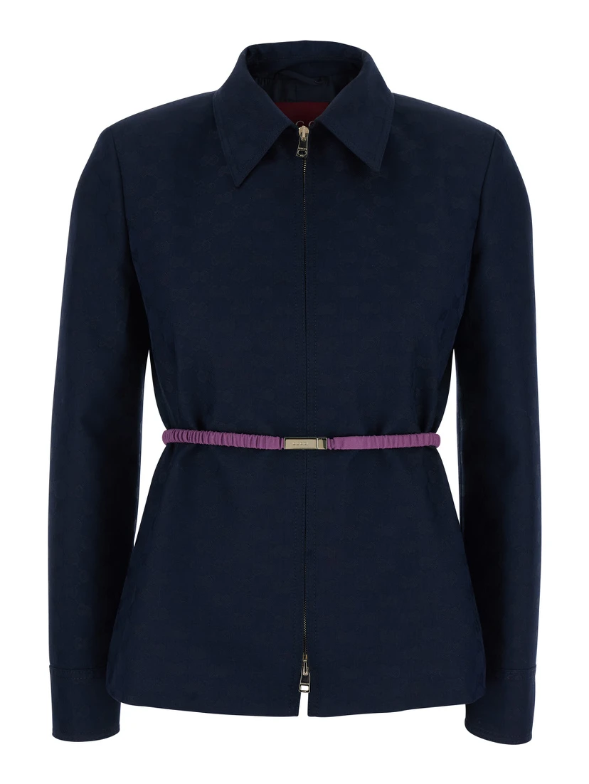 Blue Jacket with Classic Collar and Removable Belt with GG Logo Plate for Women