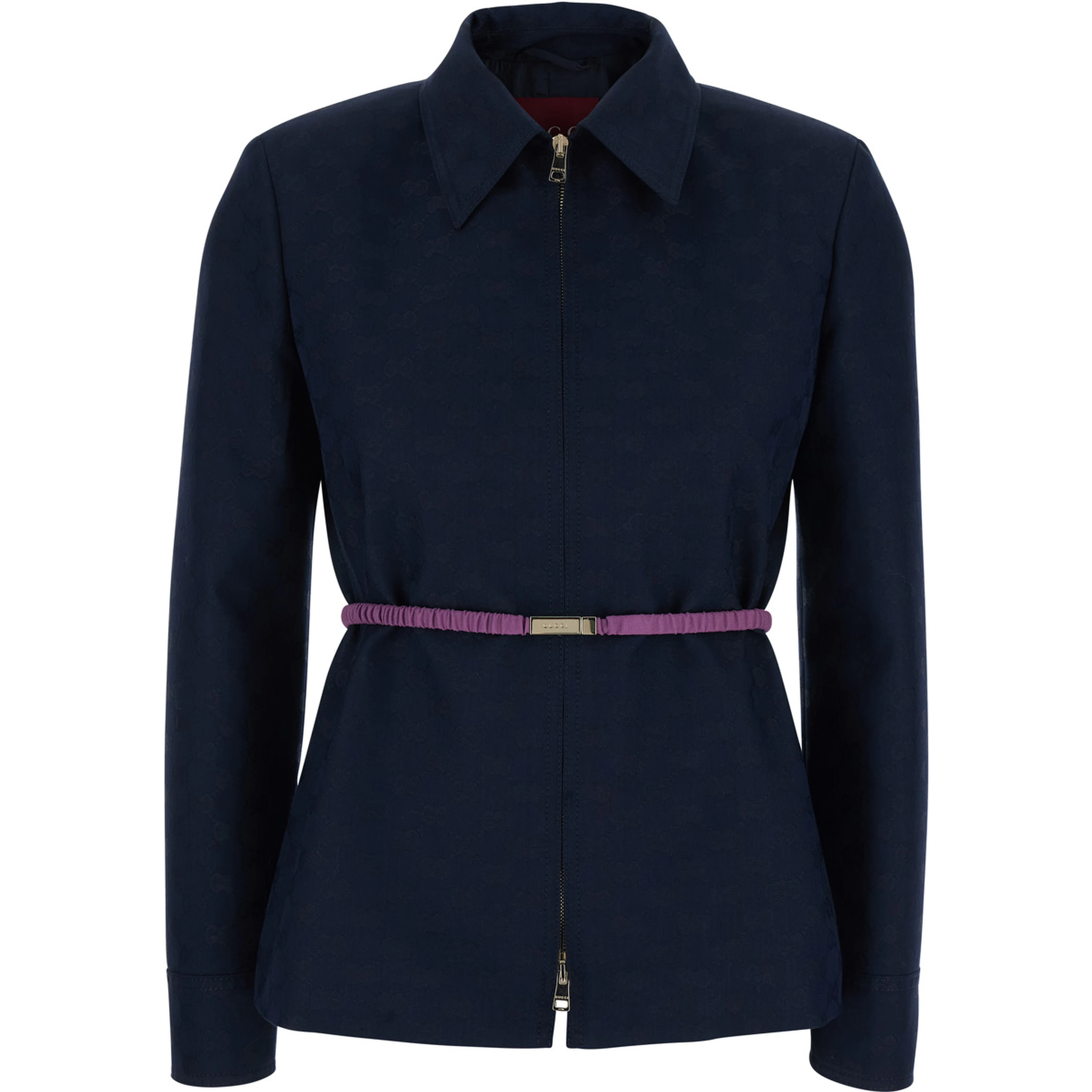 Blue Jacket with Classic Collar and Removable Belt with GG Logo Plate for Women