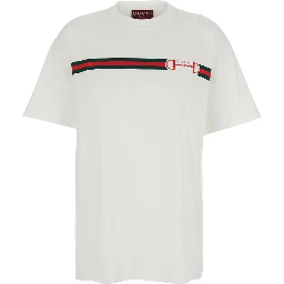 White Crew Neck T-Shirt  with Logo Print on Front in Cotton Women