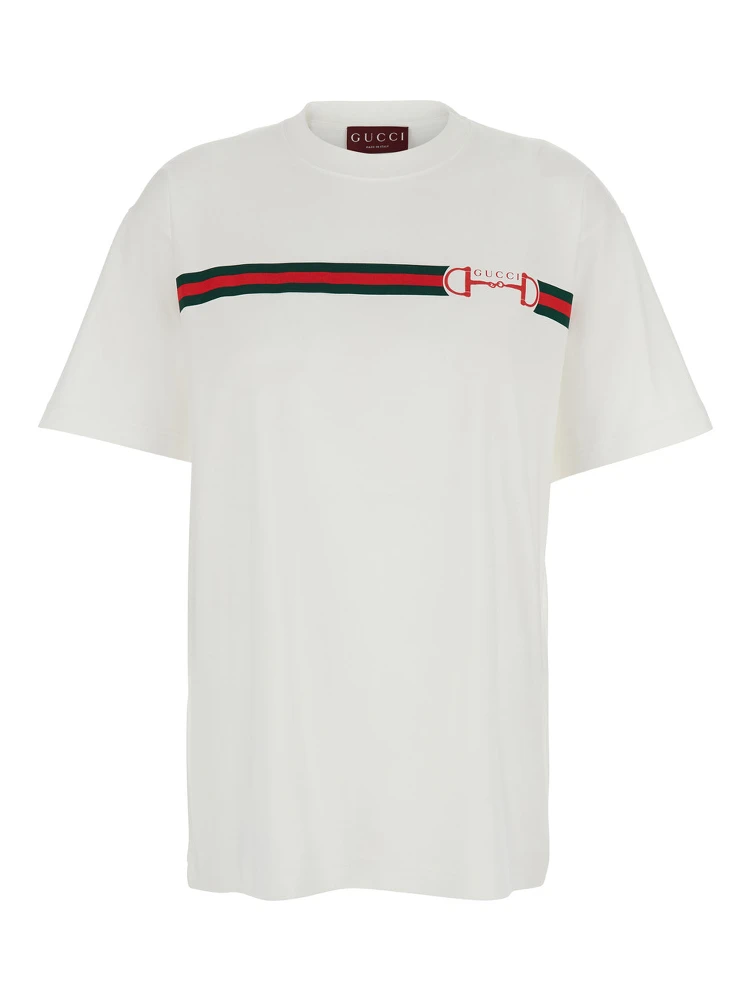 White Crew Neck T-Shirt  with Logo Print on Front in Cotton Women