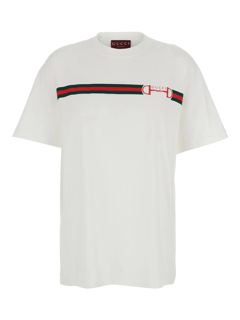 White Crew Neck T-Shirt  with Logo Print on Front in Cotton Women