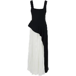 Dress Zayla with Square Neckline and Pleated Skirt in Black and White Tech Fabric for Women