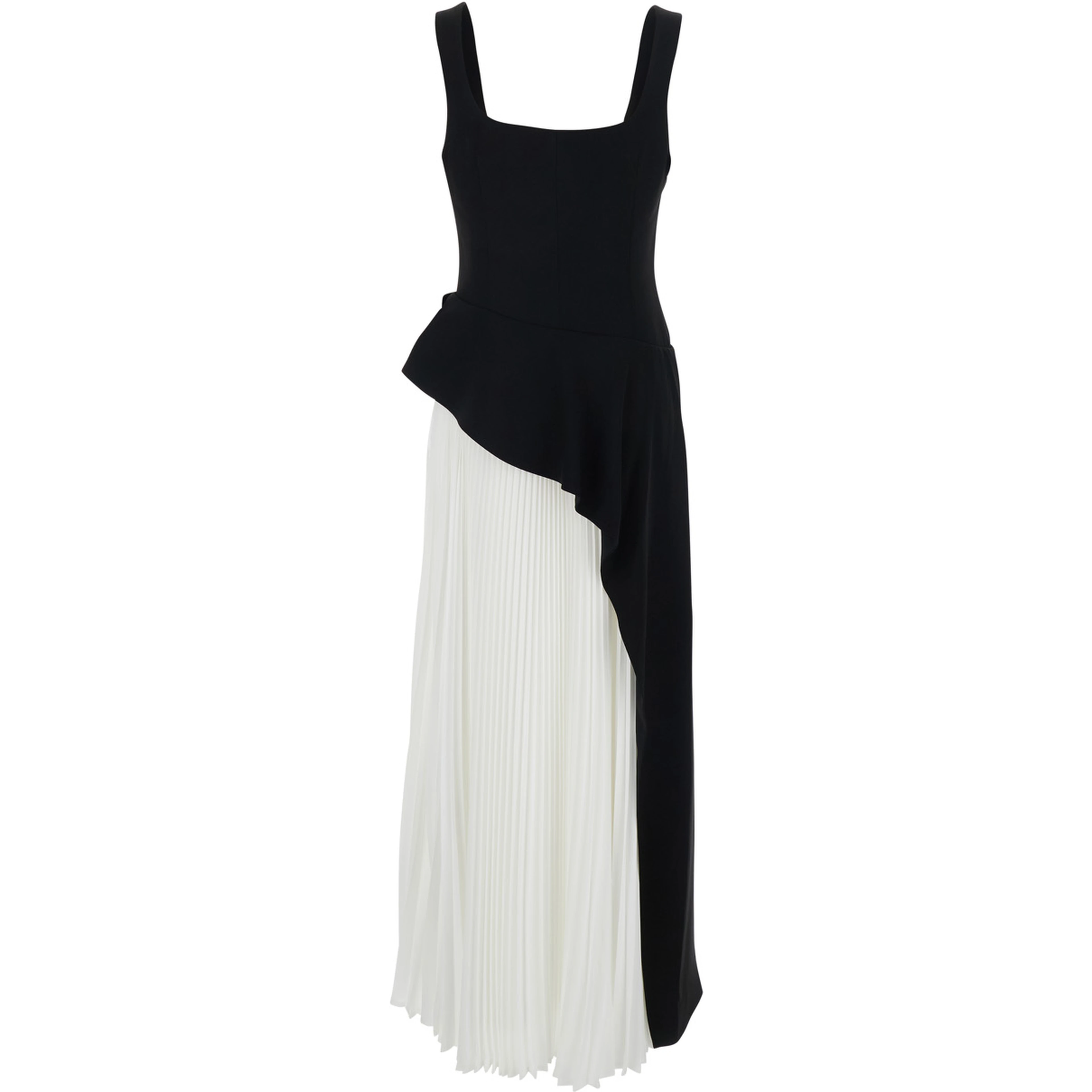 Dress Zayla with Square Neckline and Pleated Skirt in Black and White Tech Fabric for Women