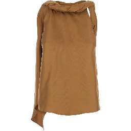 Wilma Brown Crew Neck Top with Scarf Detail and Back Neckline in Silk Women