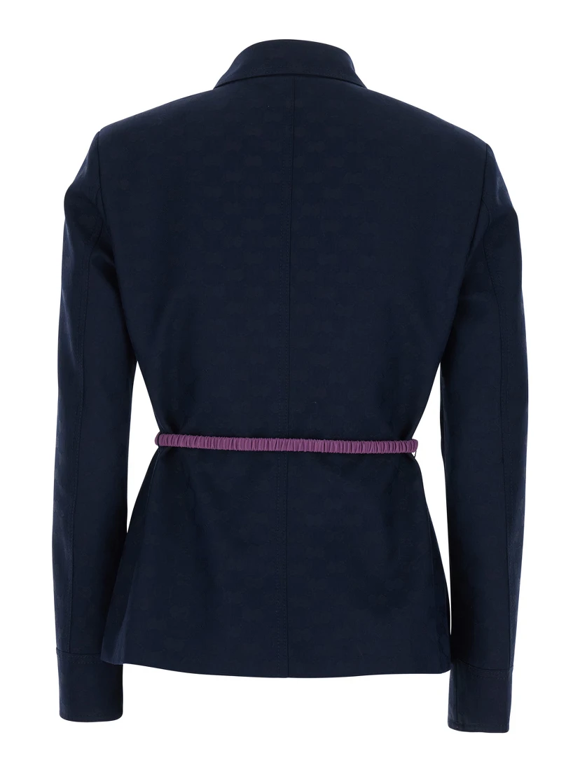 Blue Jacket with Classic Collar and Removable Belt with GG Logo Plate for Women