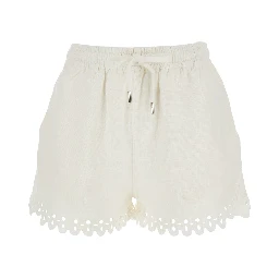 Balyme White Shorts with Elastic Waist and Drawstring and Scalloped Hem in Cotton for Women