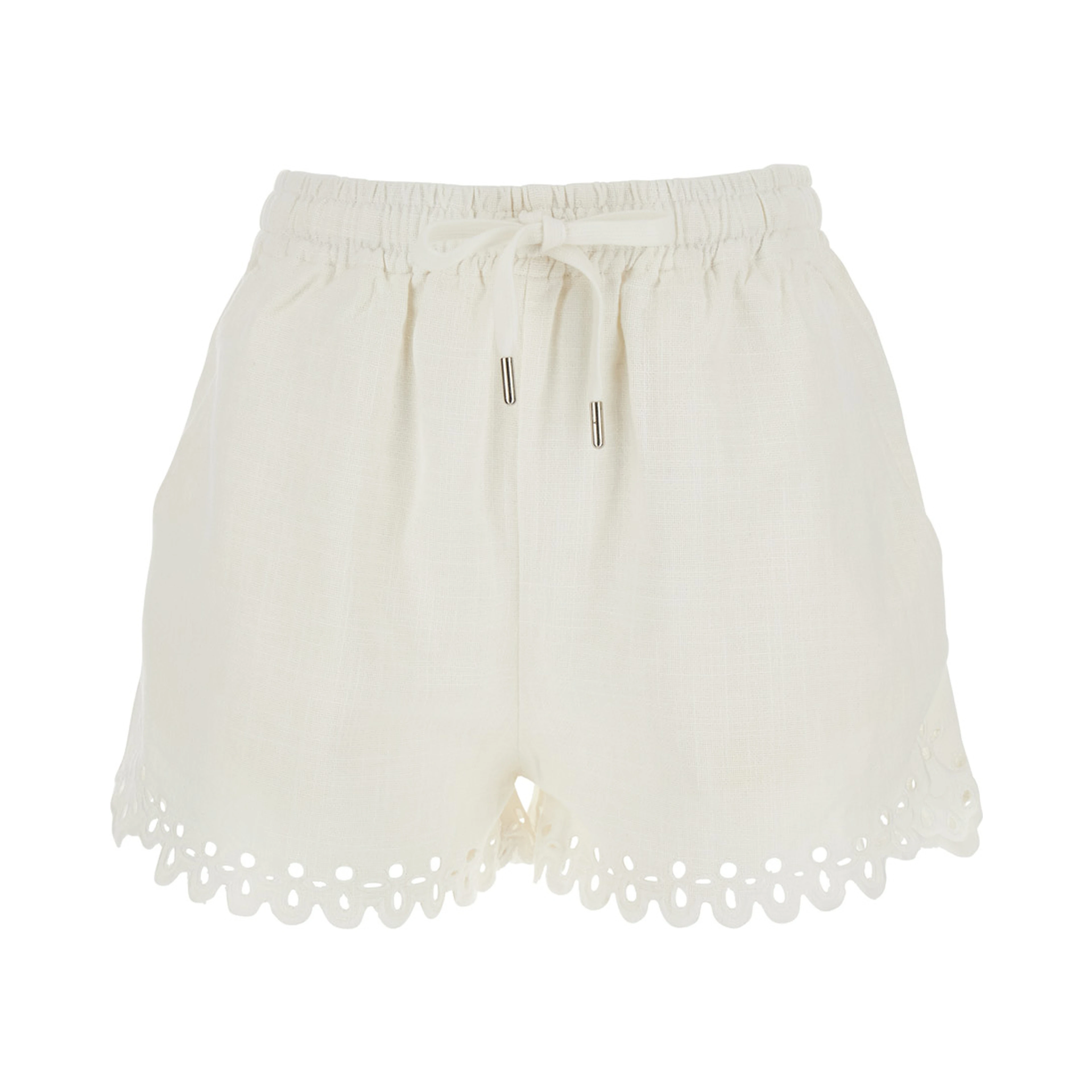 Balyme White Shorts with Elastic Waist and Drawstring and Scalloped Hem in Cotton for Women
