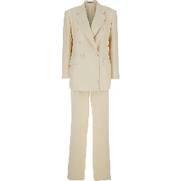 White Double-breasted Suit with Notched Revers in Linen for Women